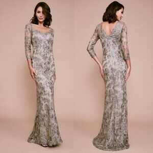 Tadashi Shoji Gown Dress Metallic Embroidery Beaded Floral Tometi Dress Gray Tan